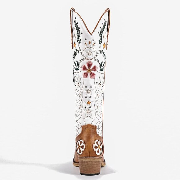 ⚡Women’s Brown Floral Embroidered Western Boots Knee High Studded Side Zipper - Picture 2 of 6
